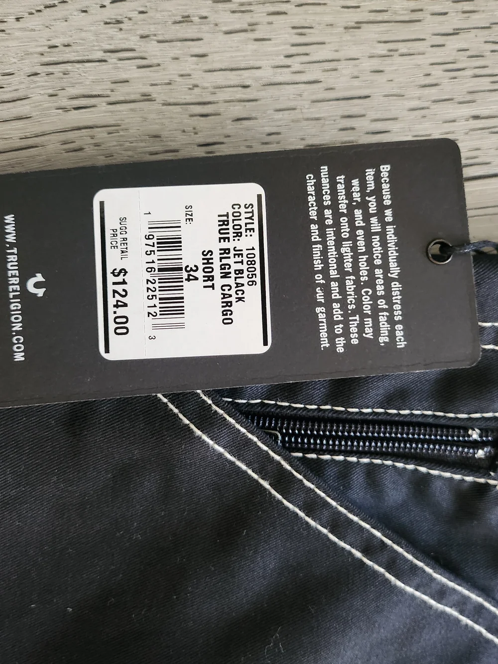 True Religion Jet Black Cargo Shorts Size 34